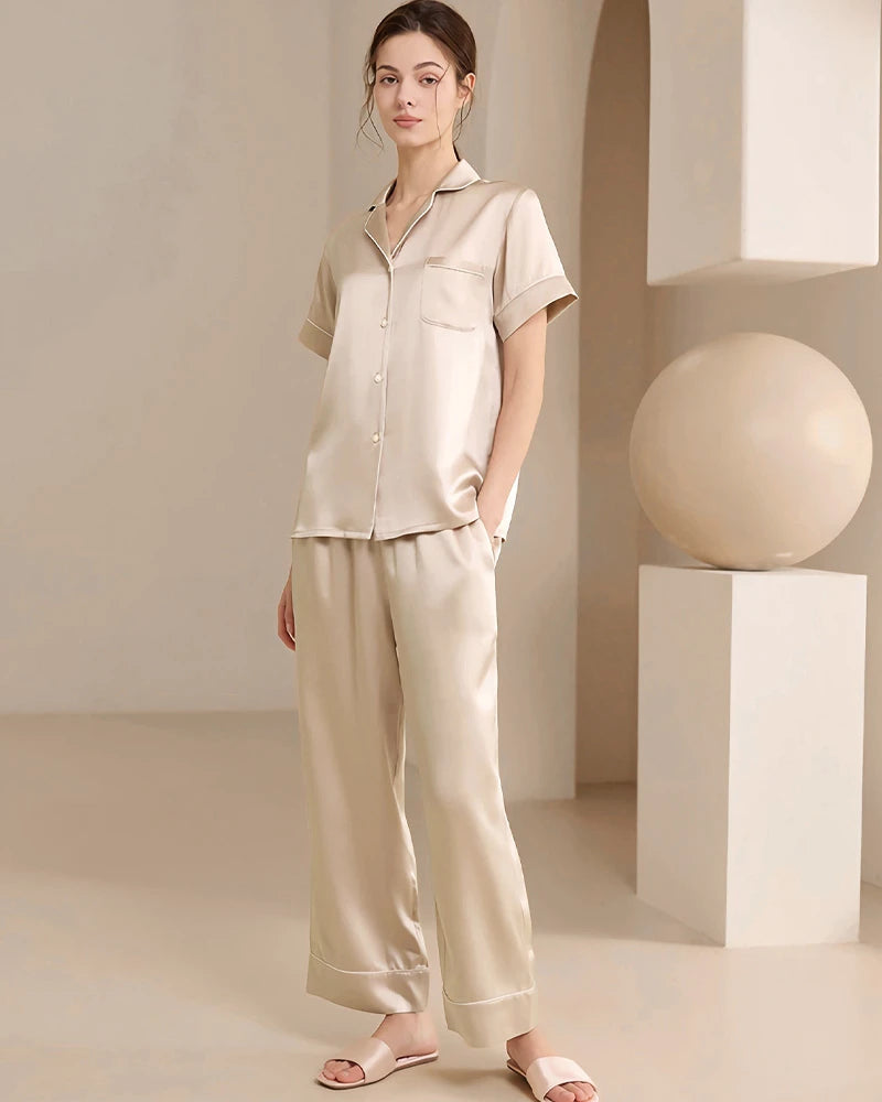 Ensemble de pyjama en soie lavable, manches courtes et pantalon long