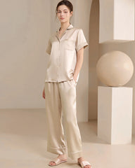 Ensemble de pyjama en soie lavable, manches courtes et pantalon long