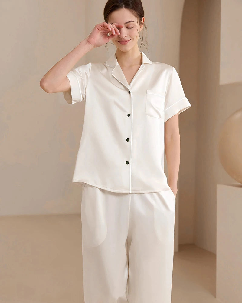 Ensemble de pyjama en soie lavable, manches courtes et pantalon long