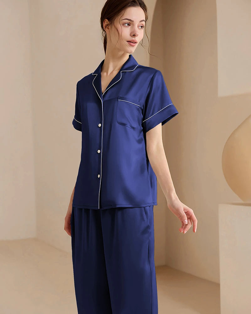 Ensemble de pyjama en soie lavable, manches courtes et pantalon long
