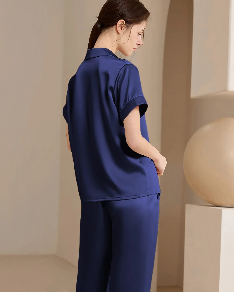 Ensemble de pyjama en soie lavable, manches courtes et pantalon long