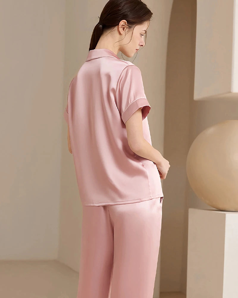 Ensemble de pyjama en soie lavable, manches courtes et pantalon long