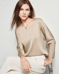 Blouse en Soie à Col Rond de Base pour Femme Champagne