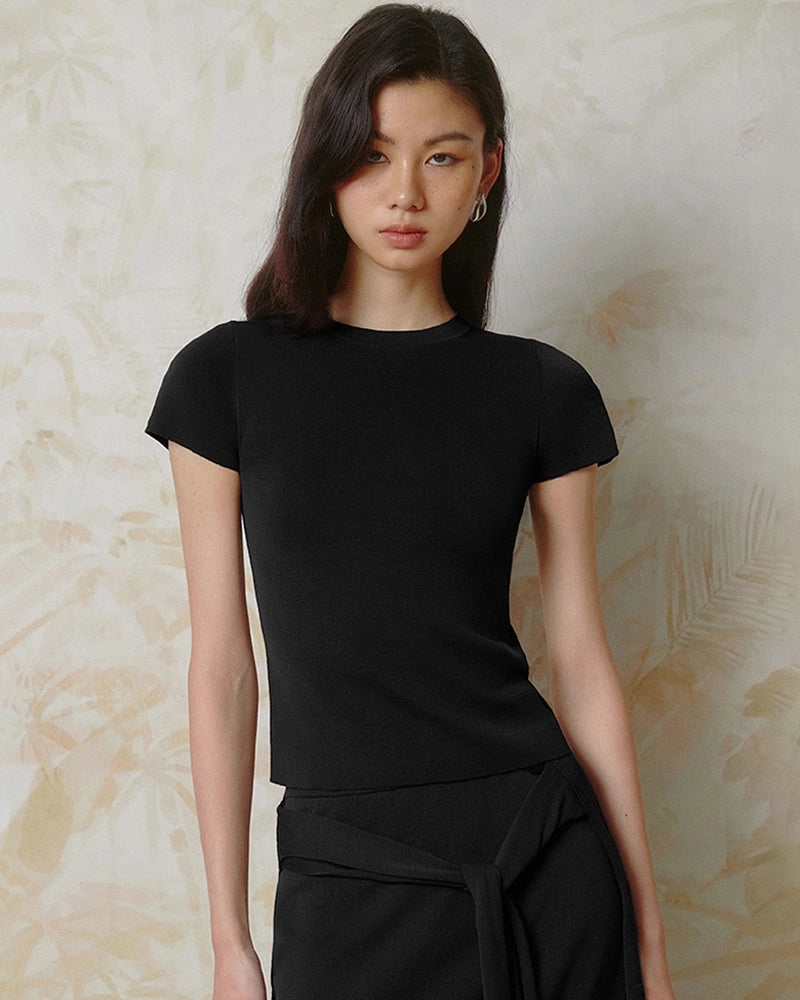 T-shirt ajusté en jersey de soie pour femme à col rond