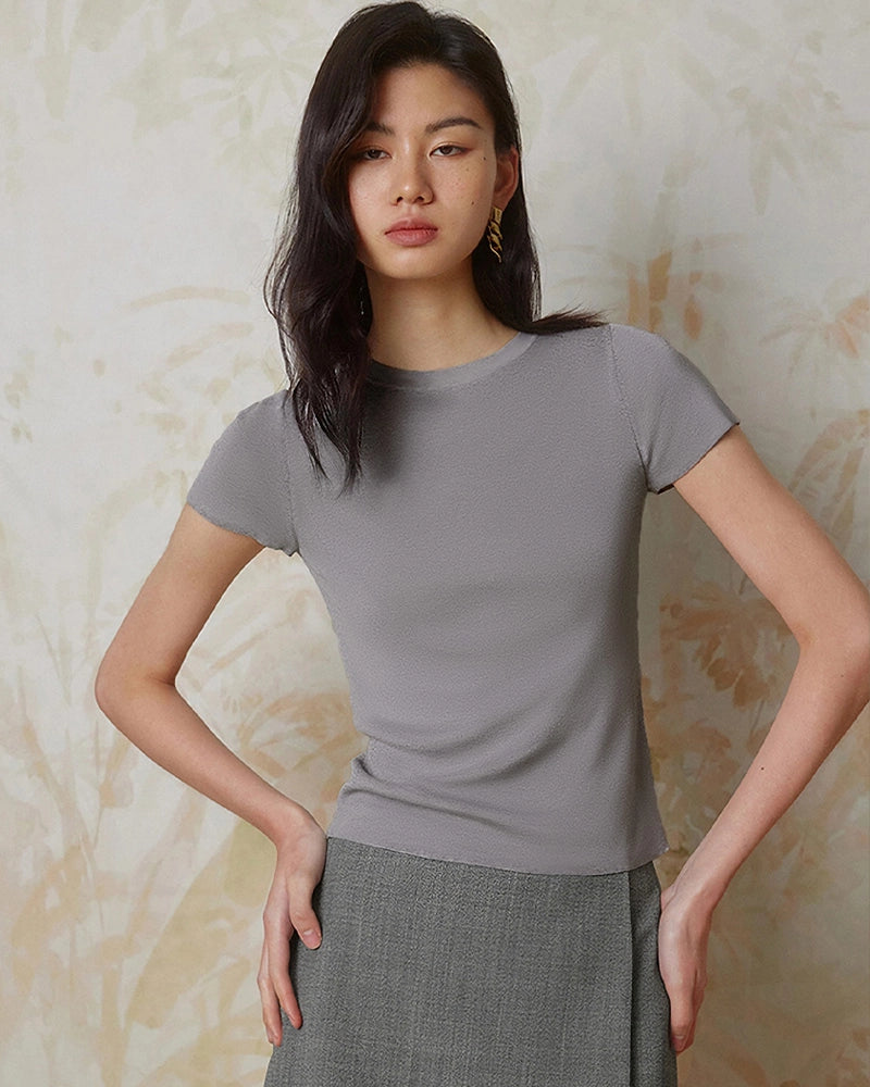 T-shirt ajusté en jersey de soie pour femme à col rond