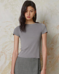 T-shirt ajusté en jersey de soie pour femme à col rond