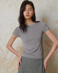T-shirt ajusté en jersey de soie pour femme à col rond