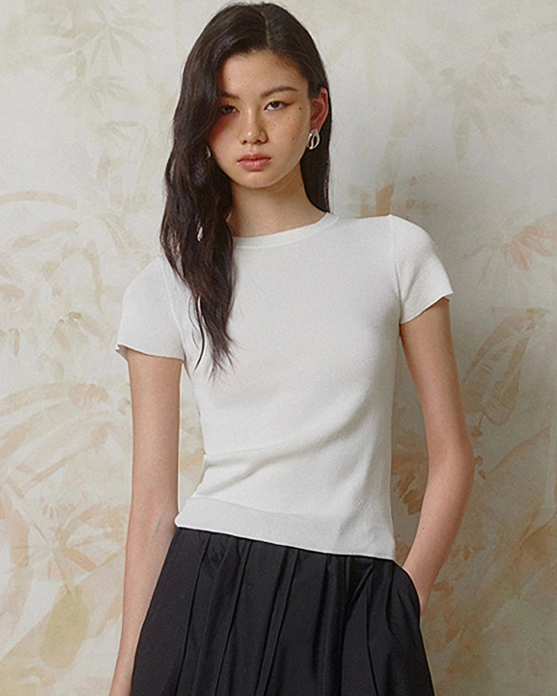 T-shirt ajusté en jersey de soie pour femme à col rond