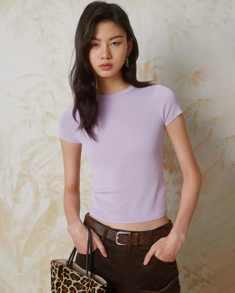 T-shirt ajusté en jersey de soie pour femme à col rond