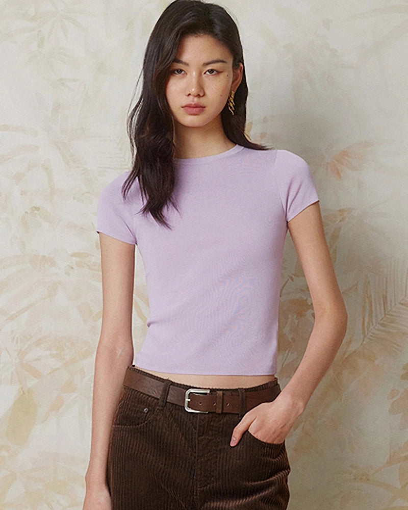 T-shirt ajusté en jersey de soie pour femme à col rond