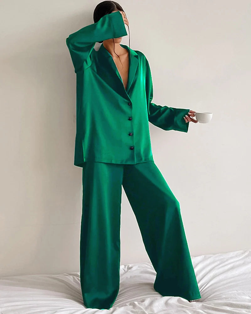Pyjama en Soie Oversize Décontracté Dark Green