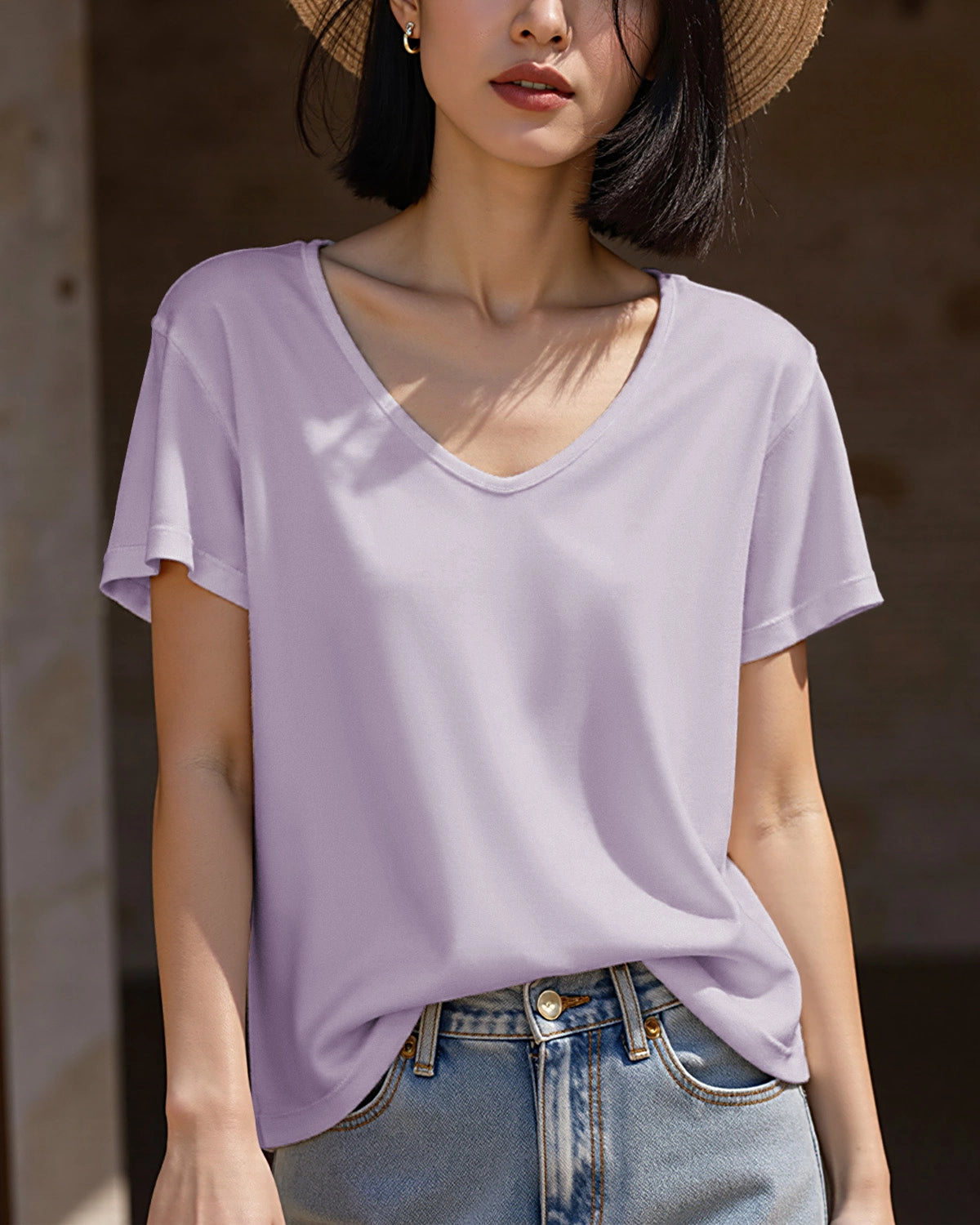 T-shirt col V en soie – Femme