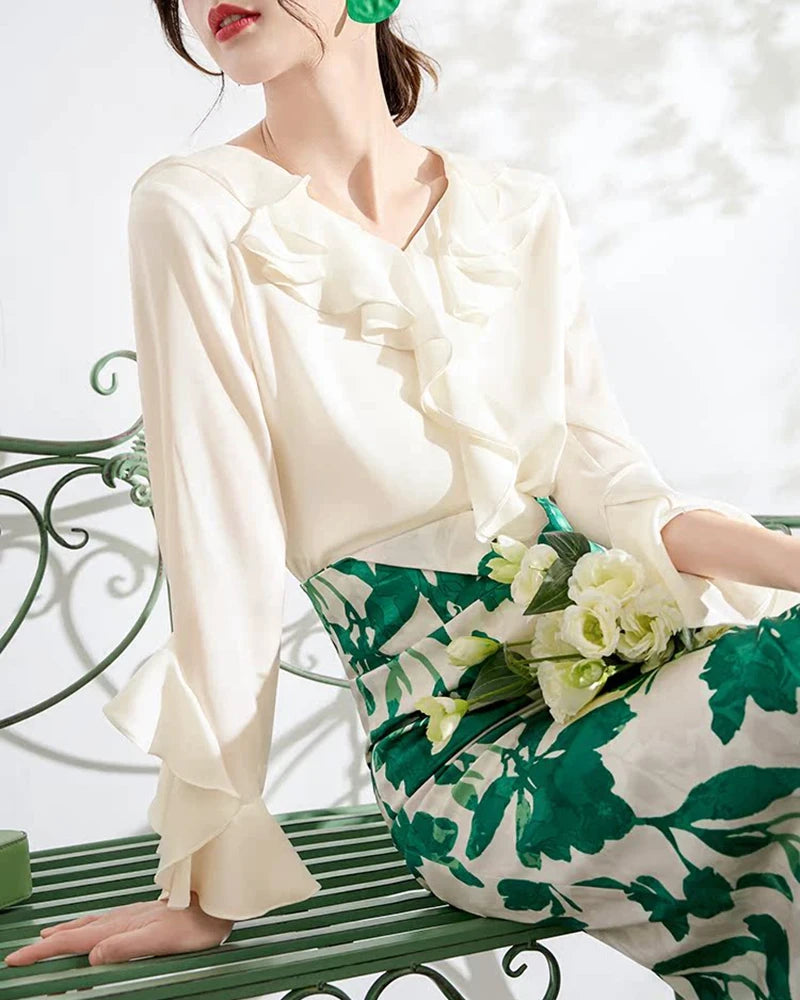 Blouse en soie à volants pour femme