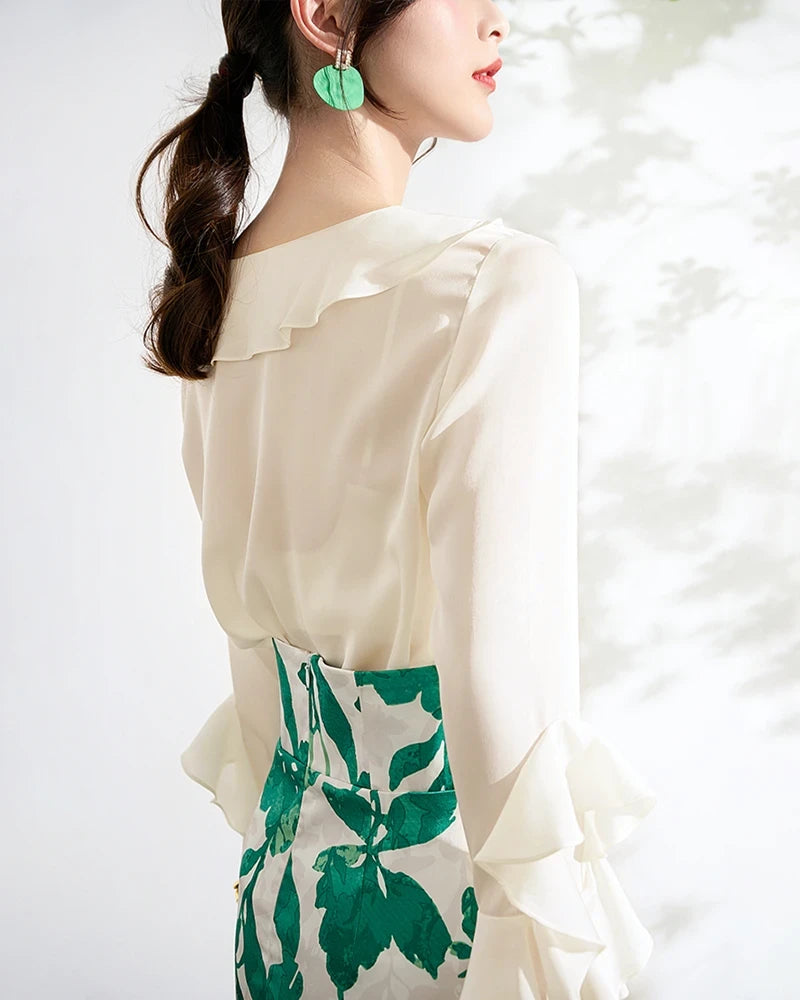 Blouse en soie à volants pour femme