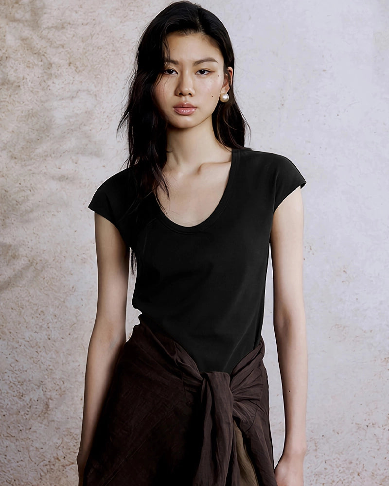 T-shirt ajusté en soie pour femme à manches courtes intégrées