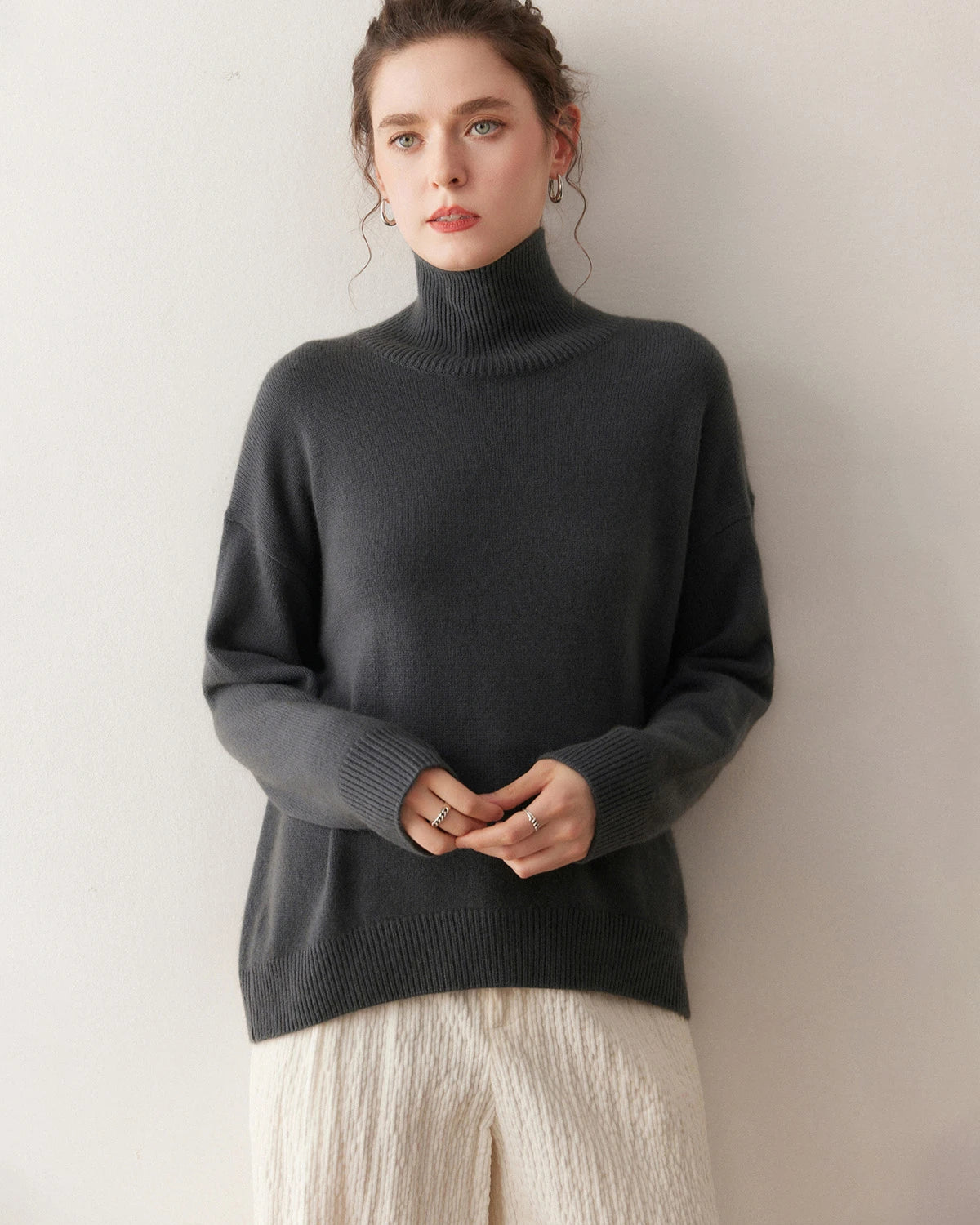 Pull en cachemire oversize à col roulé pour femme