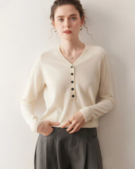 Pull en cachemire pour femme à col en V et demi-boutonnage