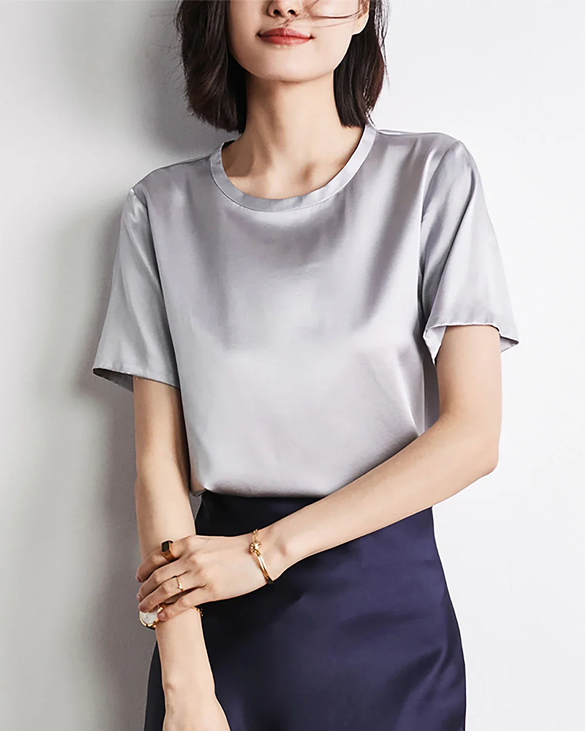 Chemise en soie à manches courtes basique pour femme
