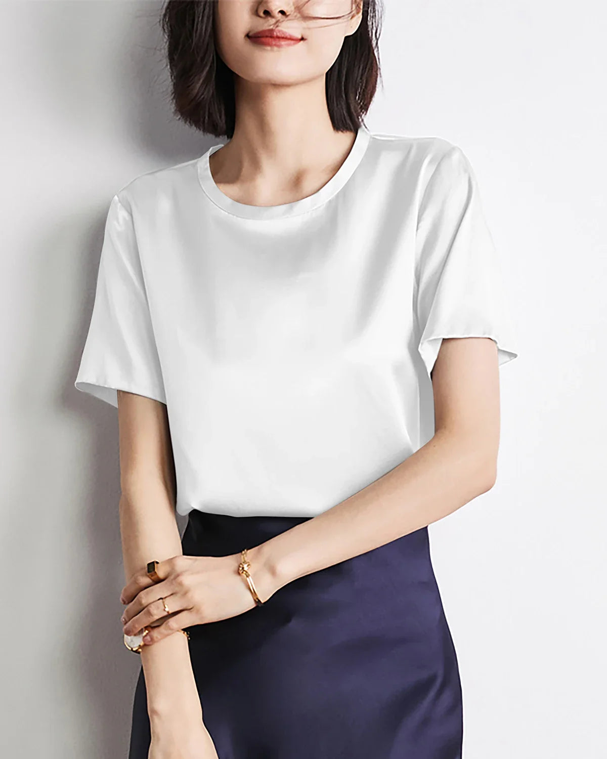 Chemise en soie à manches courtes basique pour femme