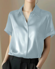 Chemise en Soie Classique à Boutons pour Femme Haze Blue