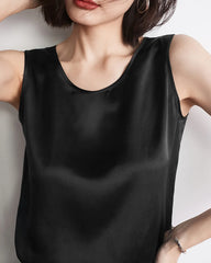 Top en Soie Sans Manches à Col Rond pour Femme Black