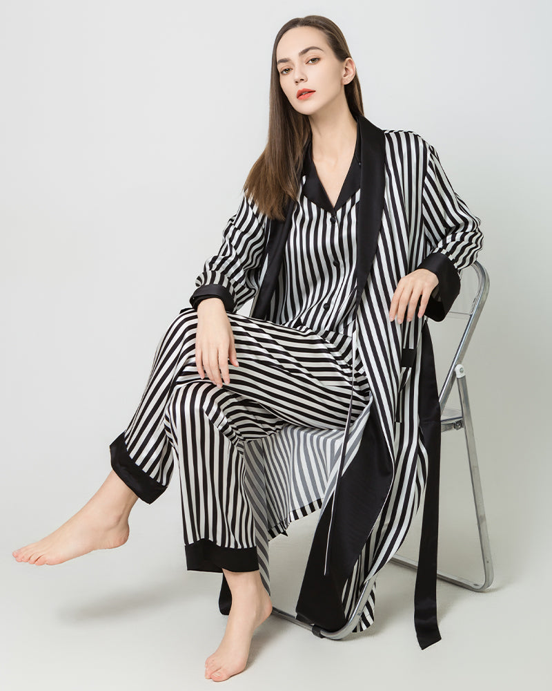 Robe Longue en Soie Satinée Rayée Noire et Blanche pour Femmes