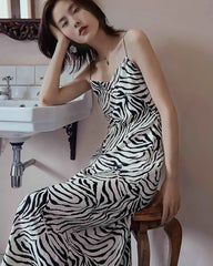 Robe en Soie à Bretelles Spaghetti Imprimé Zèbre