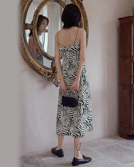Robe en Soie à Bretelles Spaghetti Imprimé Zèbre