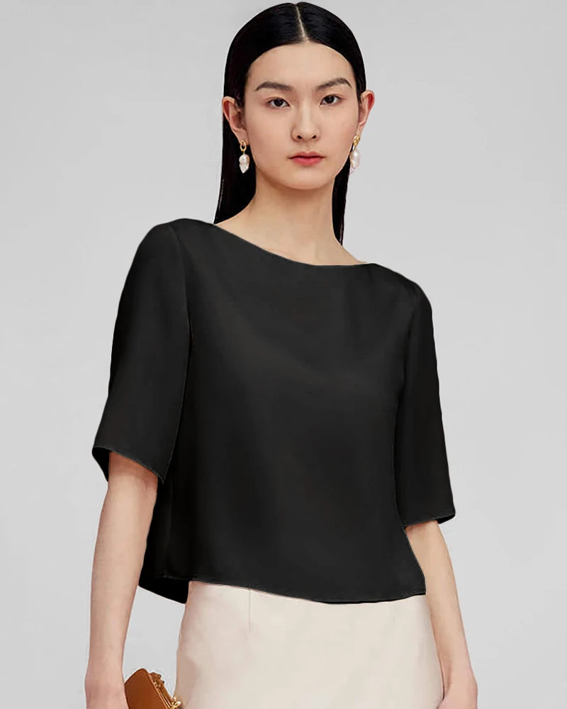 Blouse basique en soie à manches mi-longues