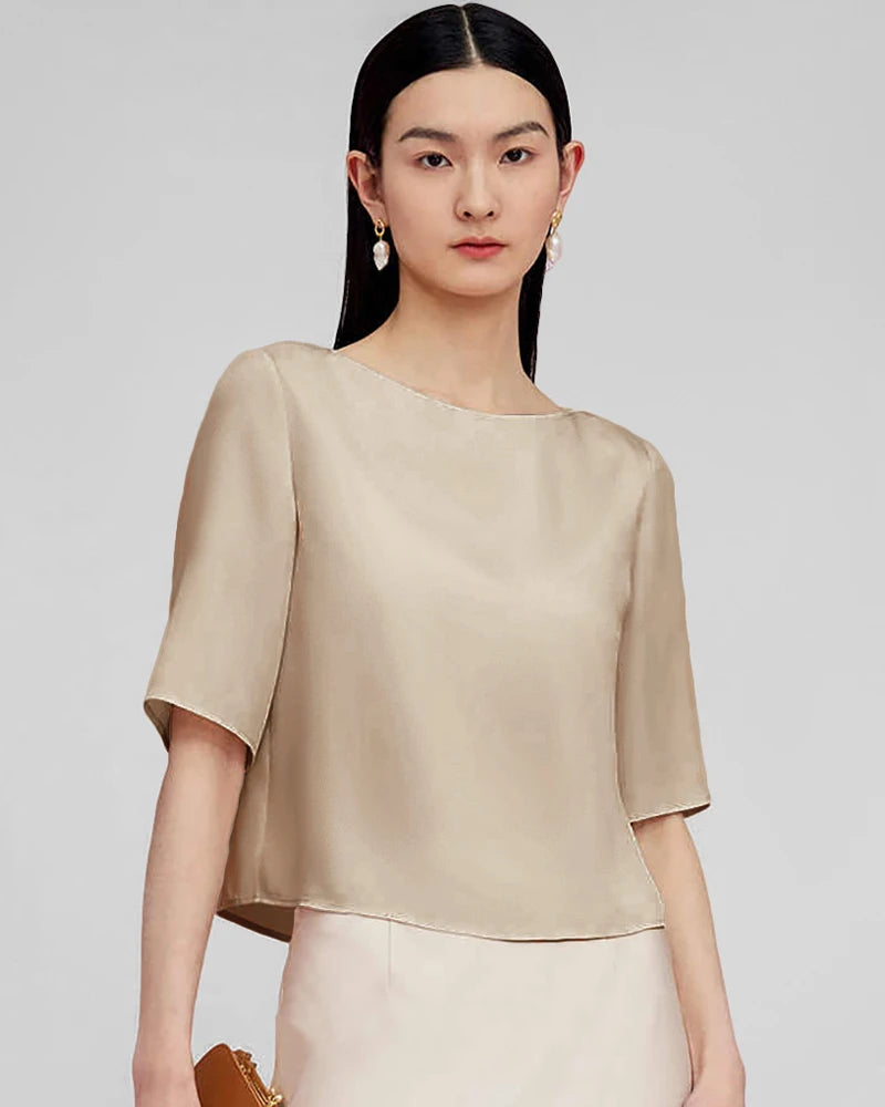 Blouse basique en soie à manches mi-longues