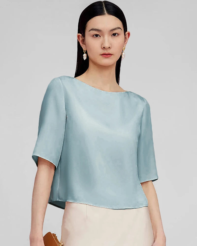 Blouse basique en soie à manches mi-longues