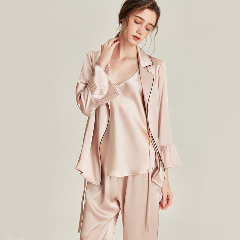 Ensemble de Pyjama en Soie avec Peignoir 3 Pièces