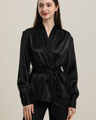 Blouse en Soie à Col en V avec Ceinture