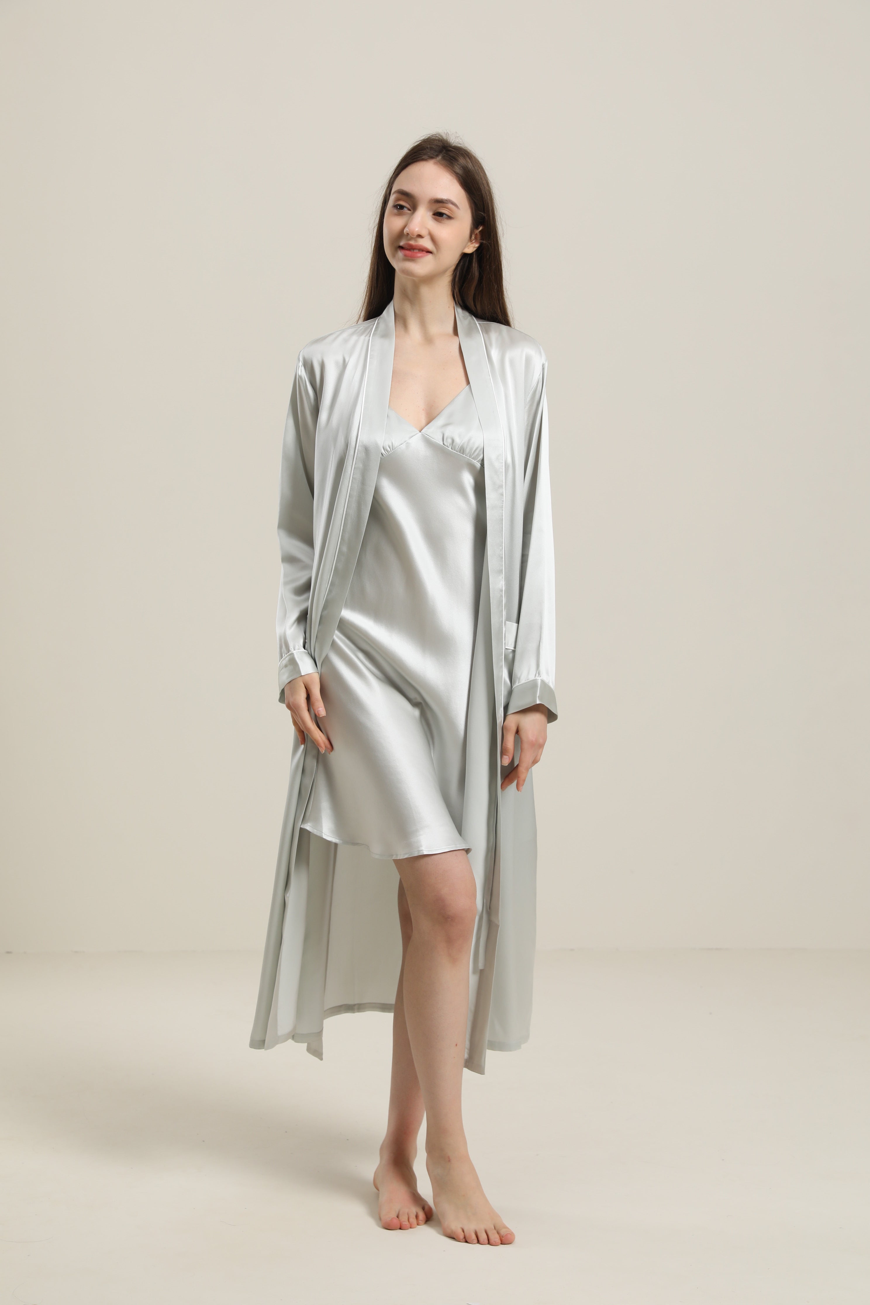 Peignoir en Soie Couleur Unie Lavable pour Femmes