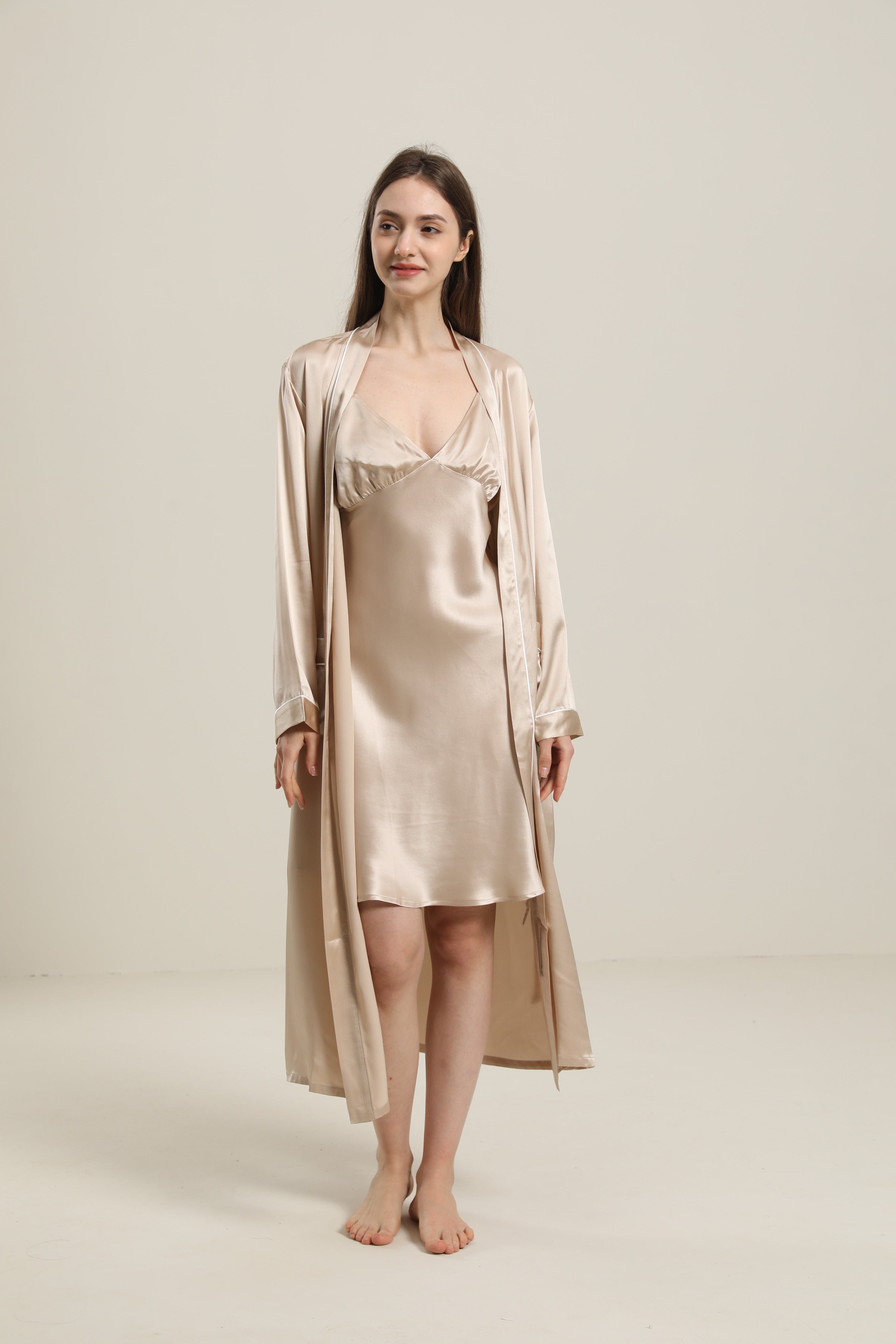 Peignoir en Soie Couleur Unie Lavable pour Femmes