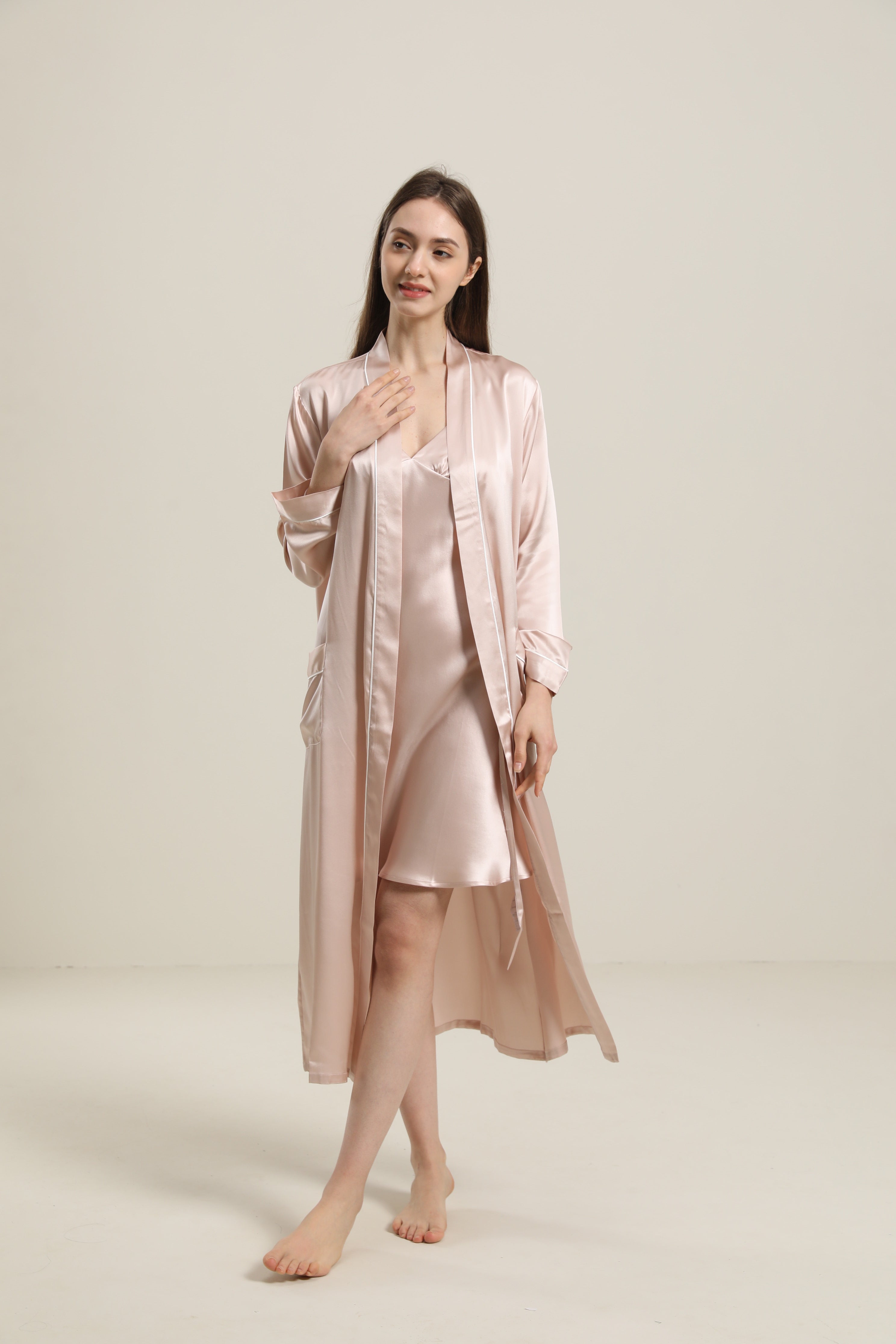 Peignoir en Soie Couleur Unie Lavable pour Femmes