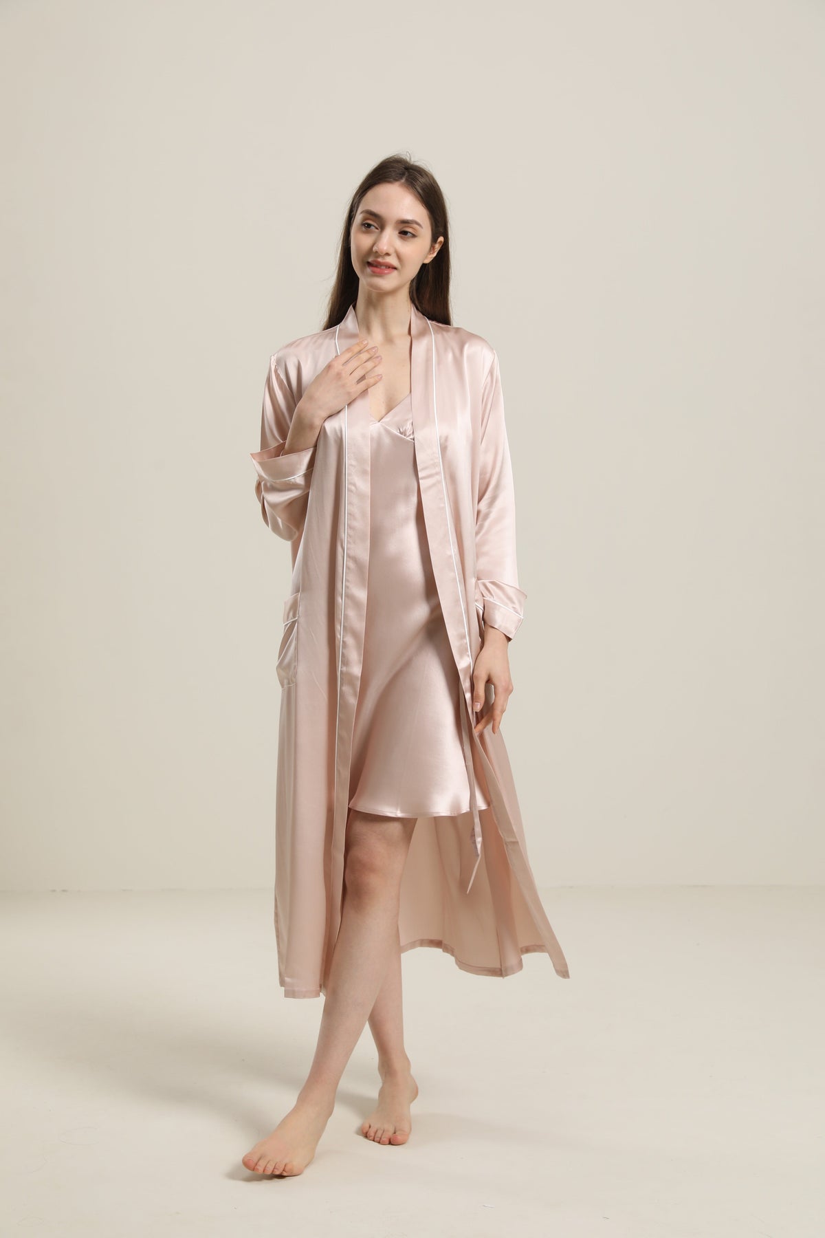 Peignoir en Soie Couleur Unie Lavable pour Femmes