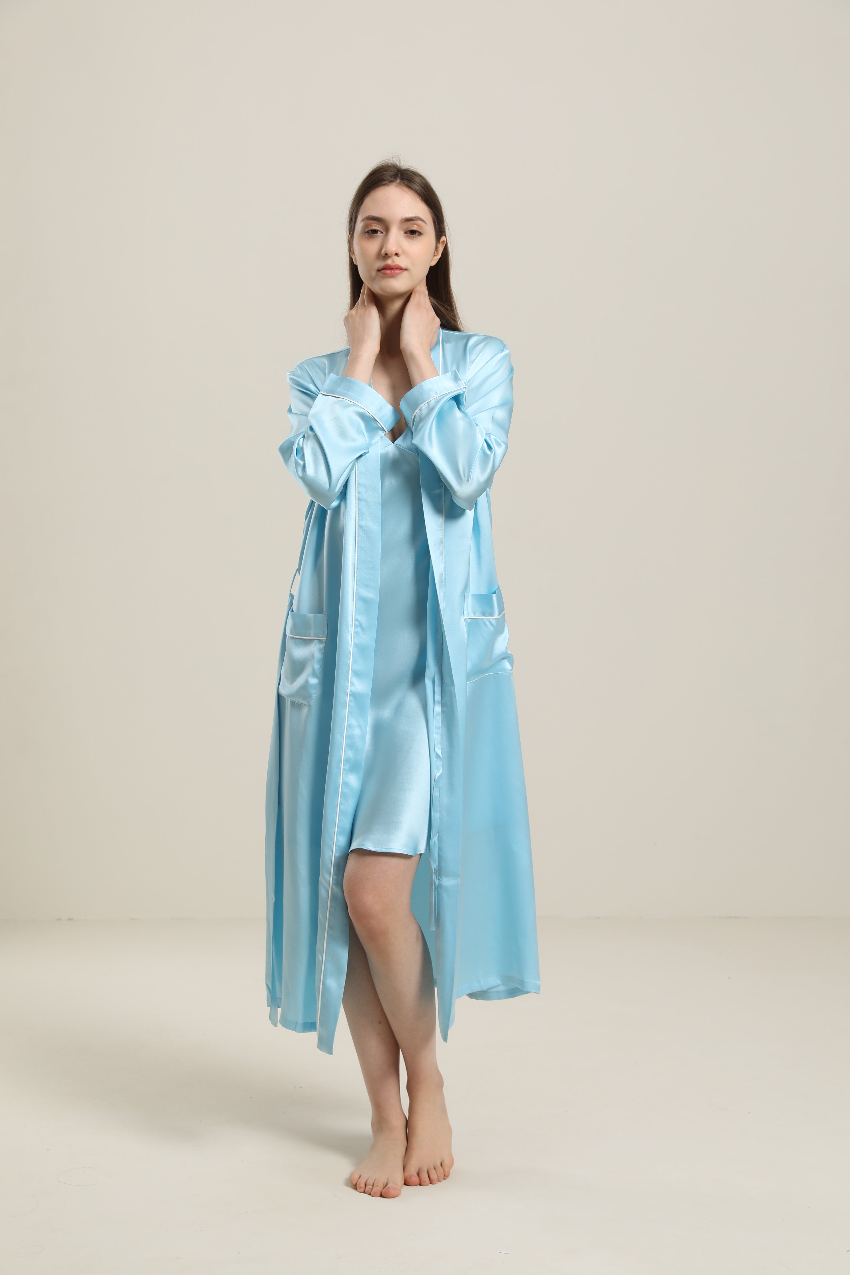 Peignoir en Soie Couleur Unie Lavable pour Femmes