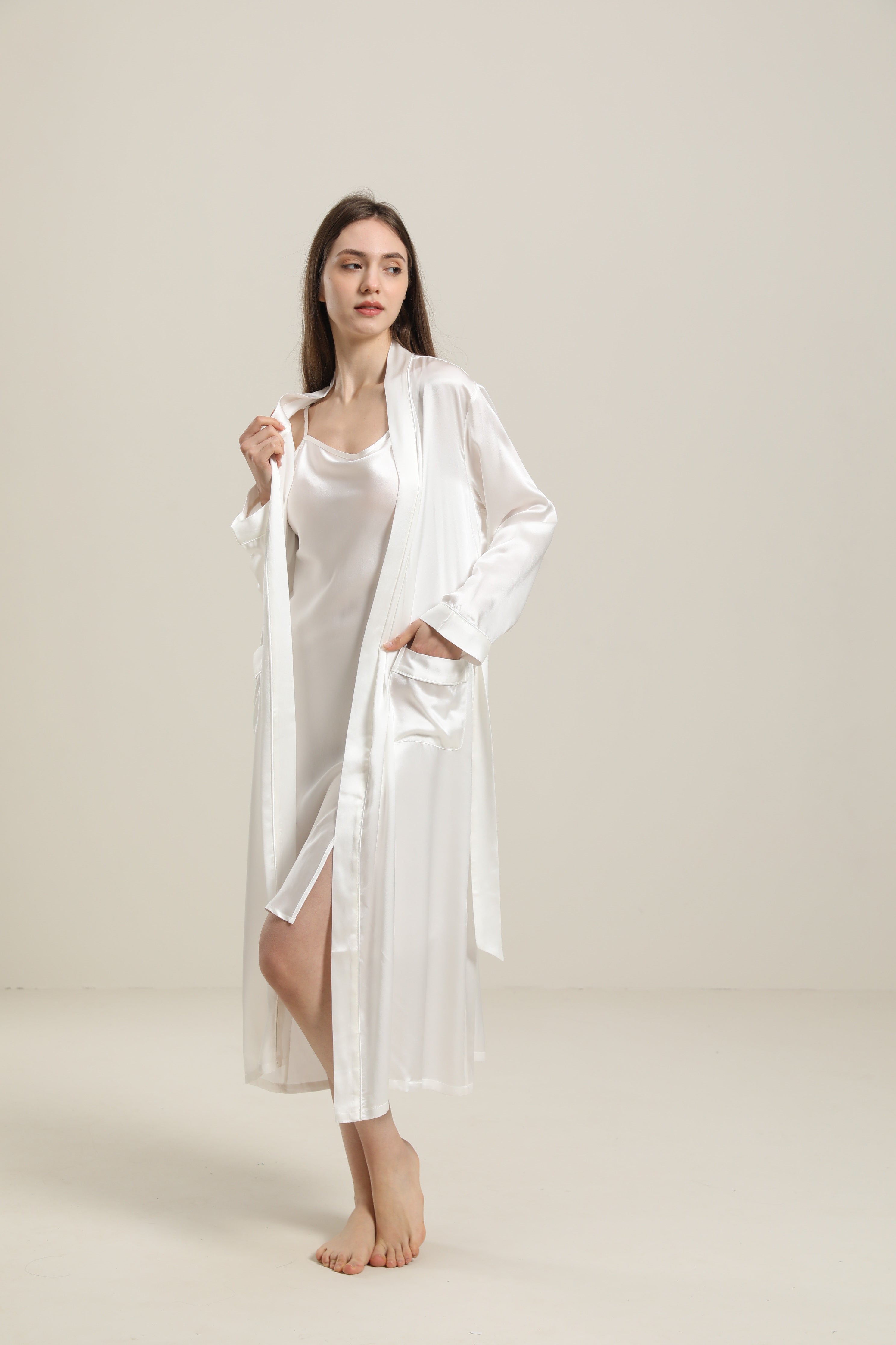 Peignoir en Soie Couleur Unie Lavable pour Femmes