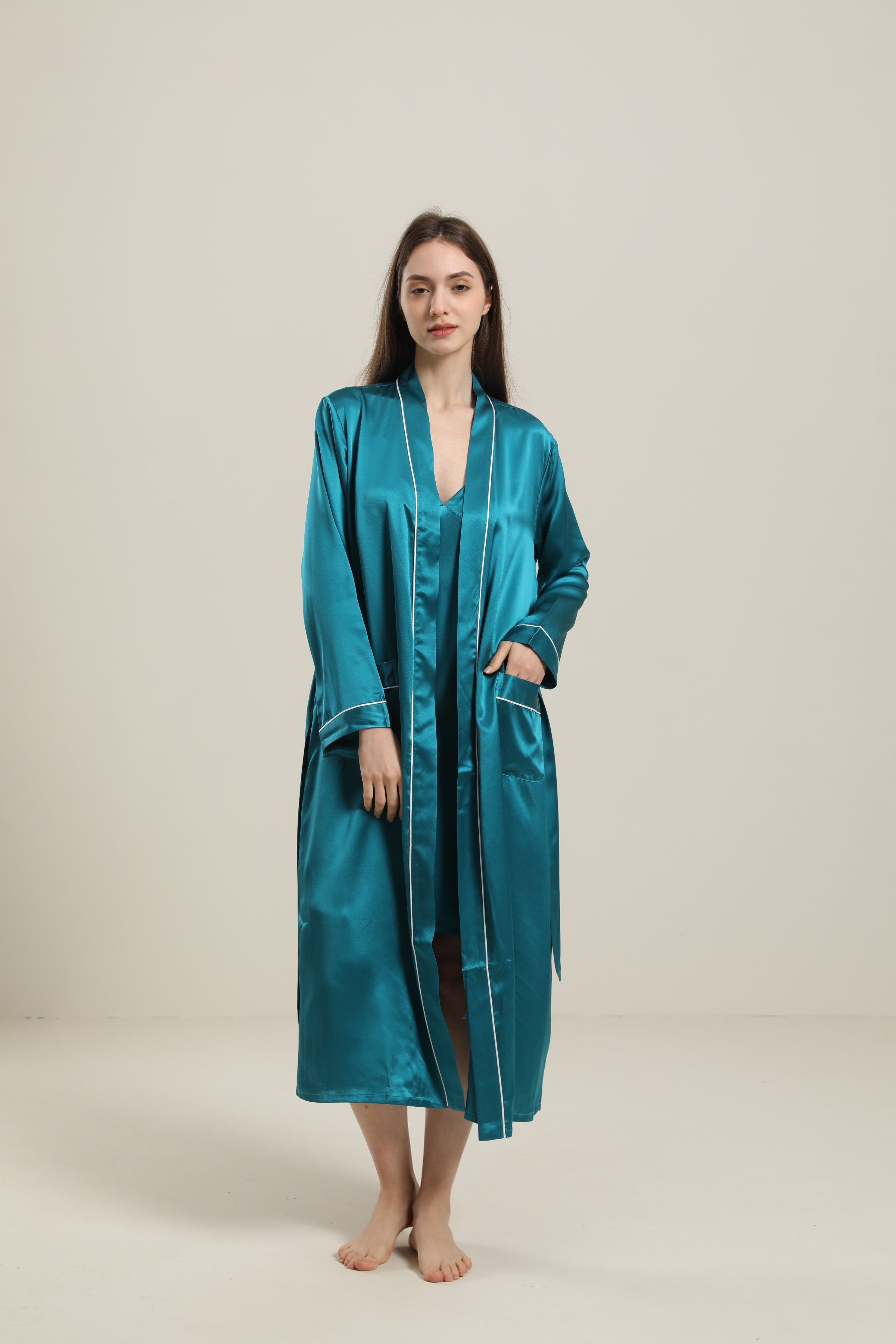Peignoir en Soie Couleur Unie Lavable pour Femmes