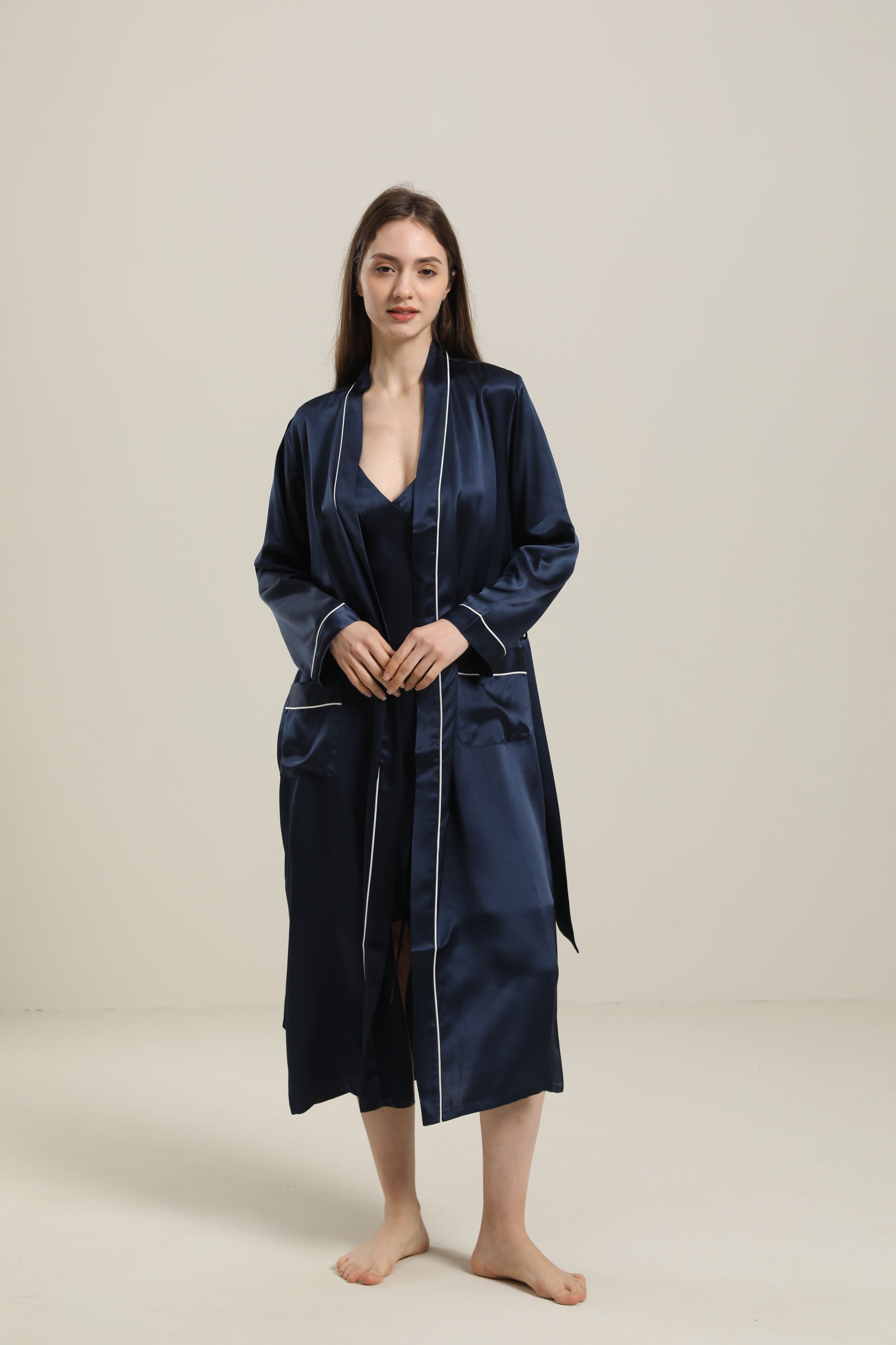 Peignoir en Soie Couleur Unie Lavable pour Femmes