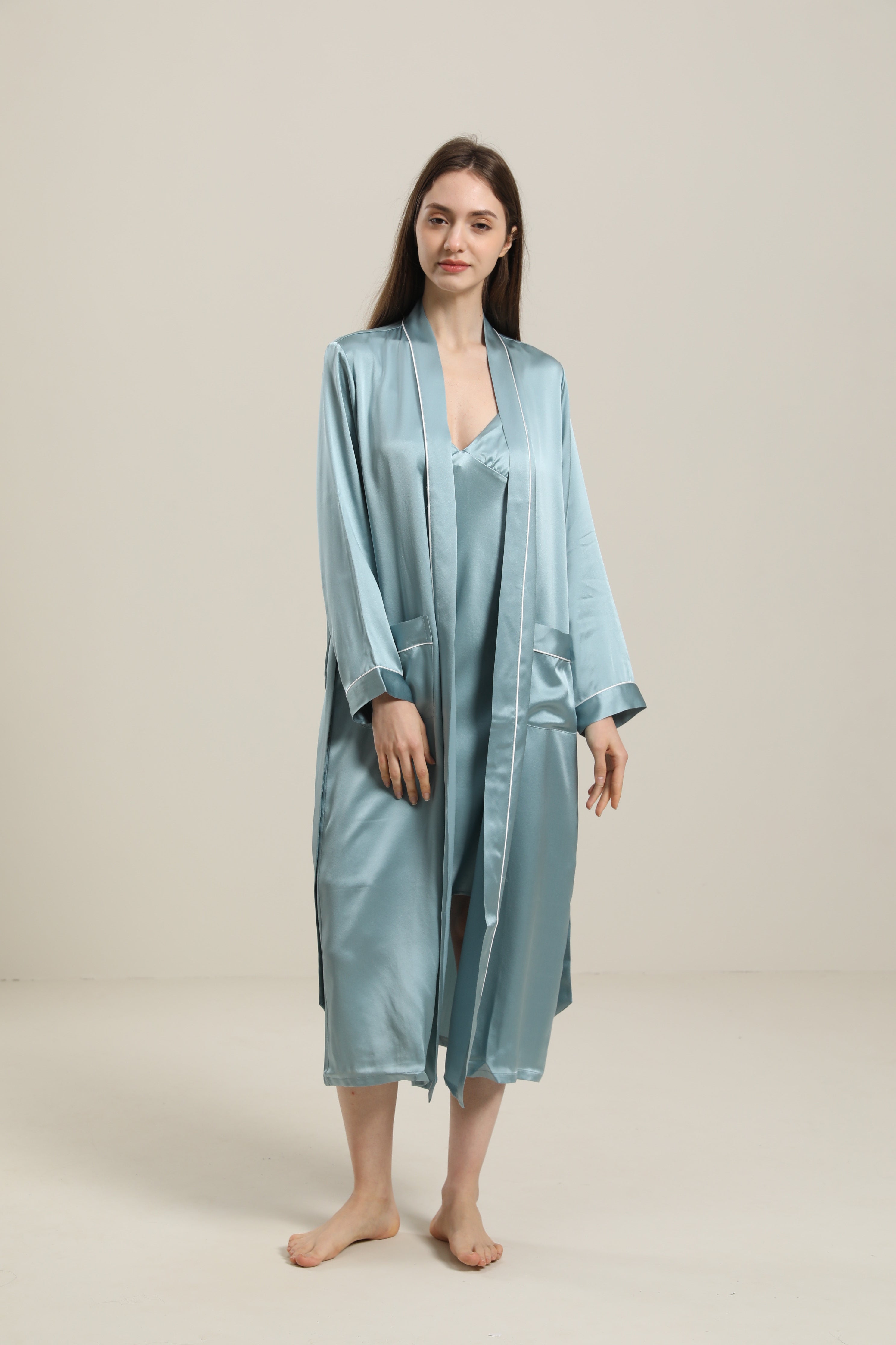 Peignoir en Soie Couleur Unie Lavable pour Femmes
