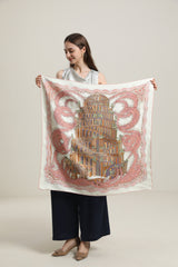 Foulard en Soie avec Motif de Château Vintage