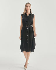 Robe Chemise Sans Manches en Soie Ceinturée