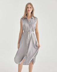 Robe Chemise Sans Manches en Soie Ceinturée