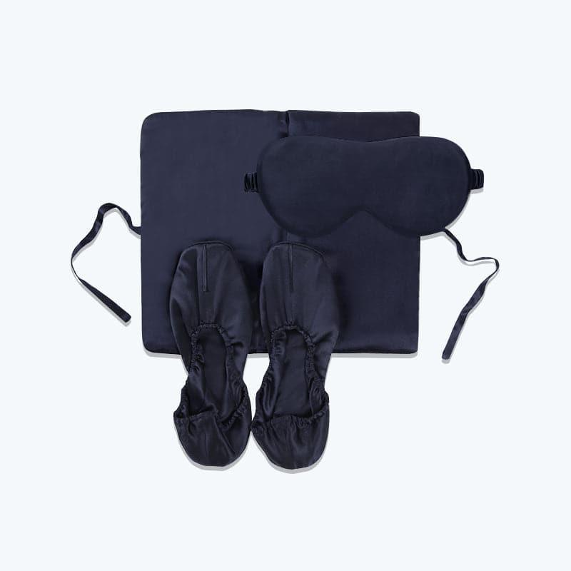 Set de voyage en soie 3 pièces avec sac de rangement, chaussons et masque pour les yeux