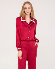 Pajamas en Soie à Col Pointe pour Femme