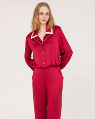 Pajamas en Soie à Col Pointe pour Femme