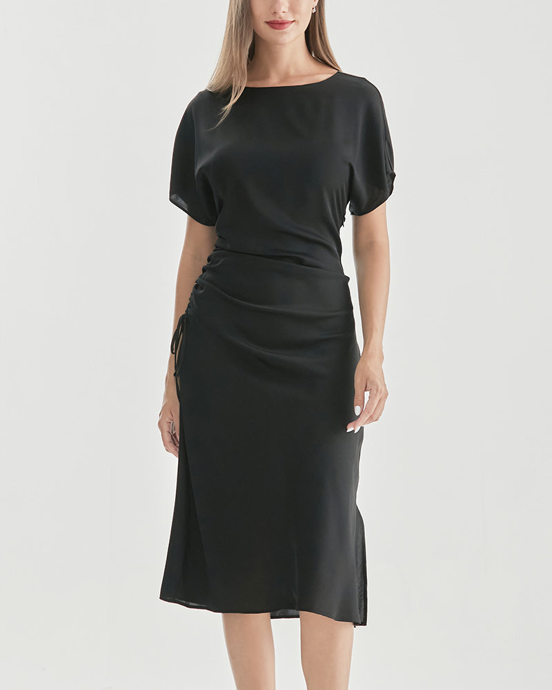 Robe en Soie à Manches Courtes Plissée Black