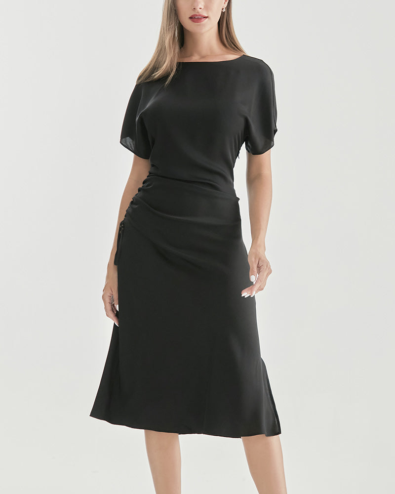 Robe en Soie à Manches Courtes Plissée Black